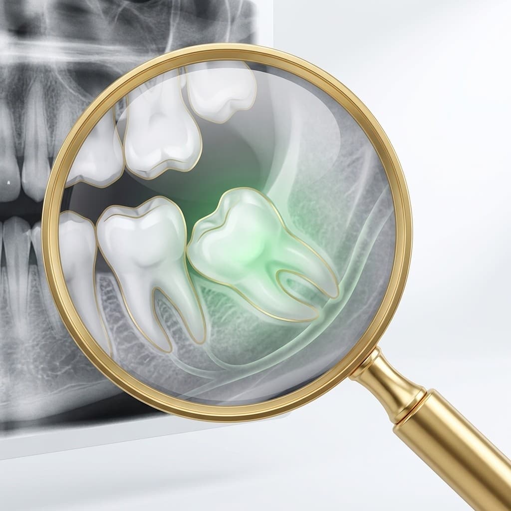 Detailed magnification of an X-ray showing the lower right wisdom tooth